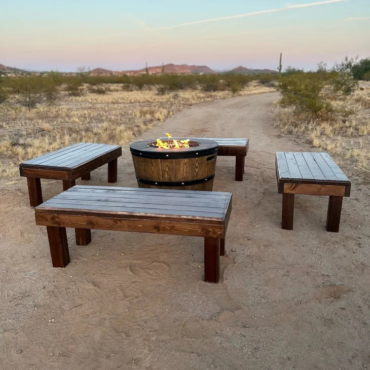 Barrel Fire Pit with 4 Wooden Benches