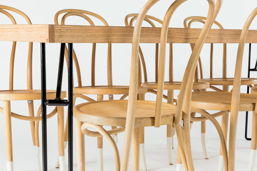Dining Table with Hairpin Bentwood White Chairs