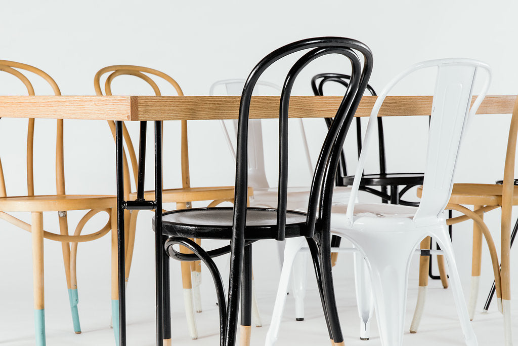 Dining Table with Bentwood Hairpin, Tolix and Eames chairs