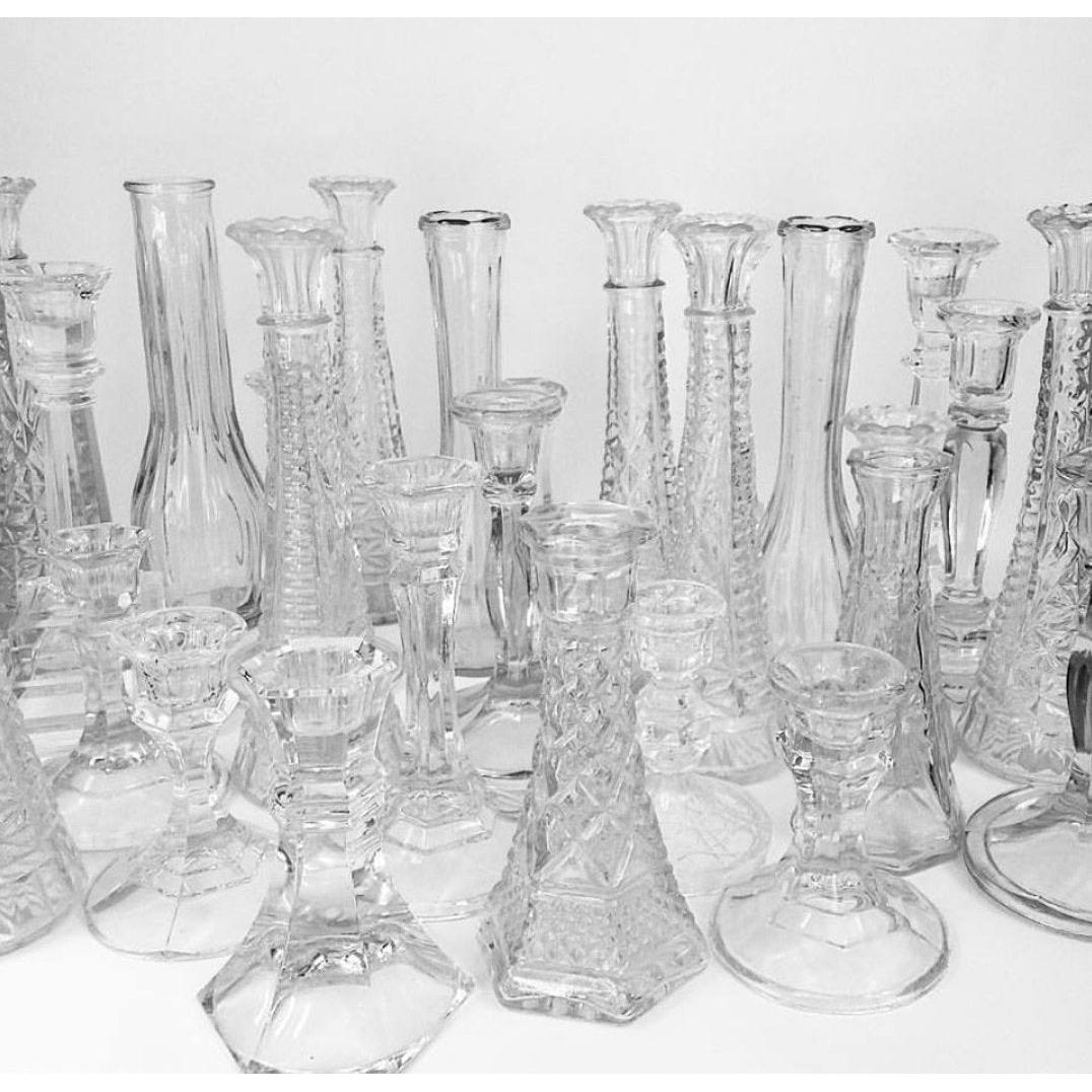 Clear Glass Candlestick Holders + Bud Vases