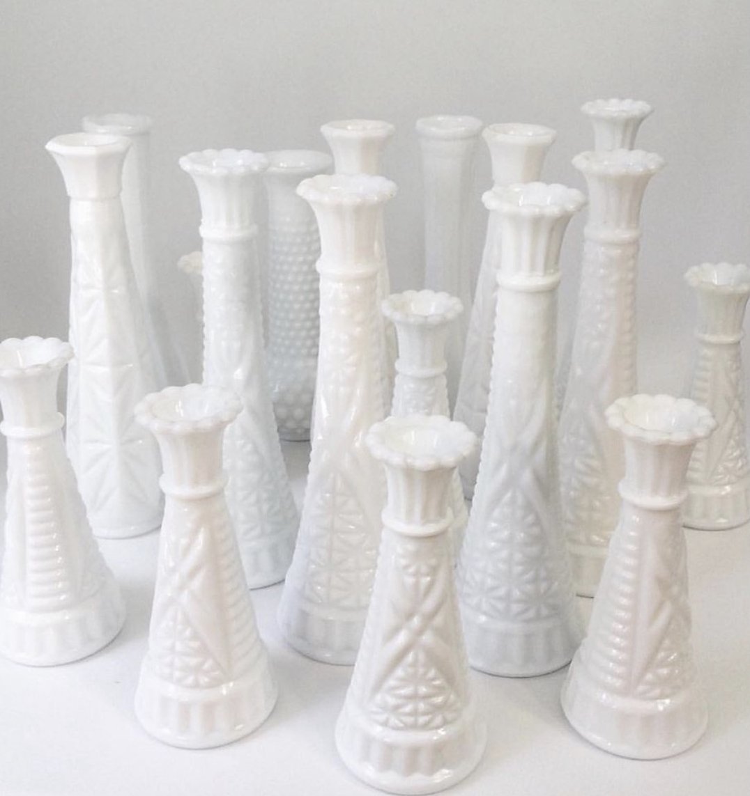 Milk Glass Candlestick Holders + Bud Vases