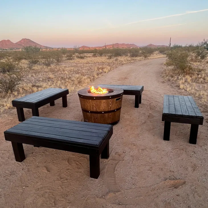 Barrel Fire Pit with 4 Black Benches