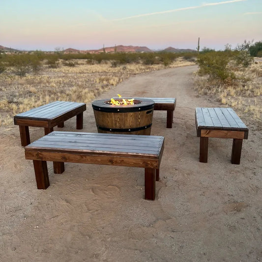 Barrel Fire Pit with 4 Wooden Benches