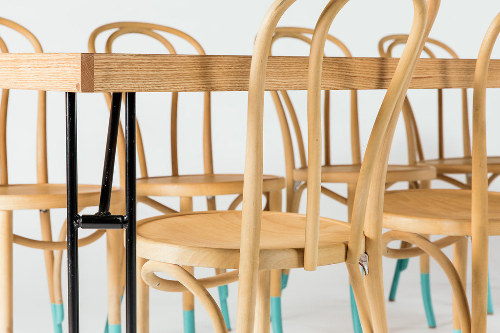 Dining Table with Hairpin Bentwood Teal Chairs