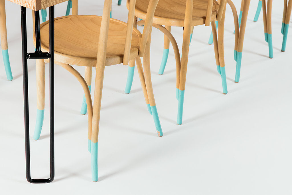 Dining Table with Hairpin Bentwood Teal Chairs