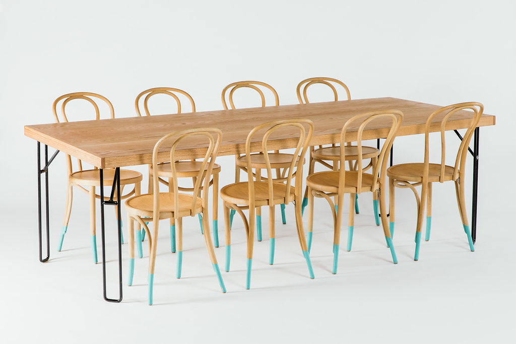 Dining Table with Hairpin Bentwood Teal Chairs
