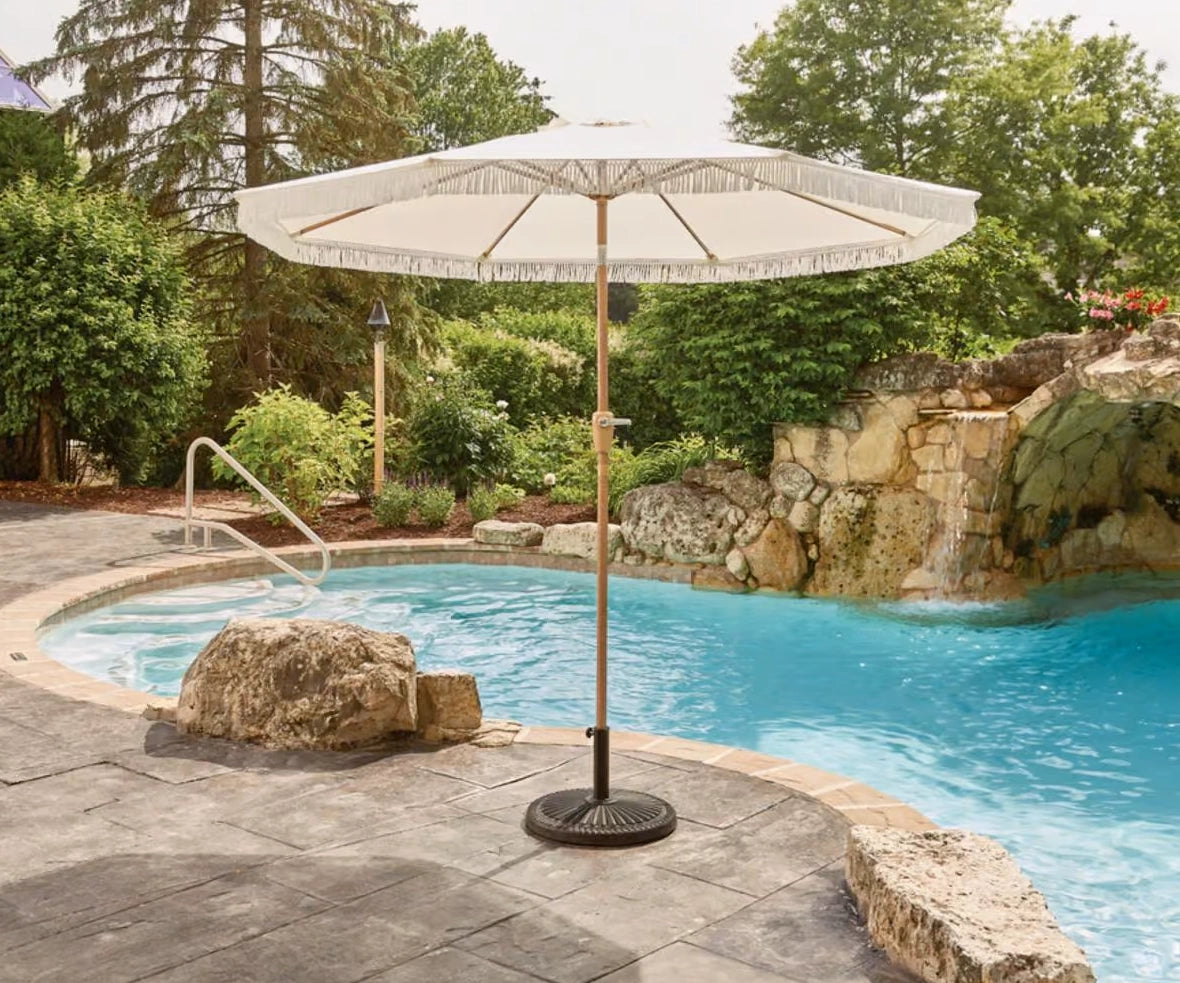 9 Ft Tiltable White Outdoor Umbrella with Base