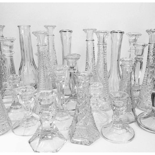 Clear Glass Candlestick Holders + Bud Vases
