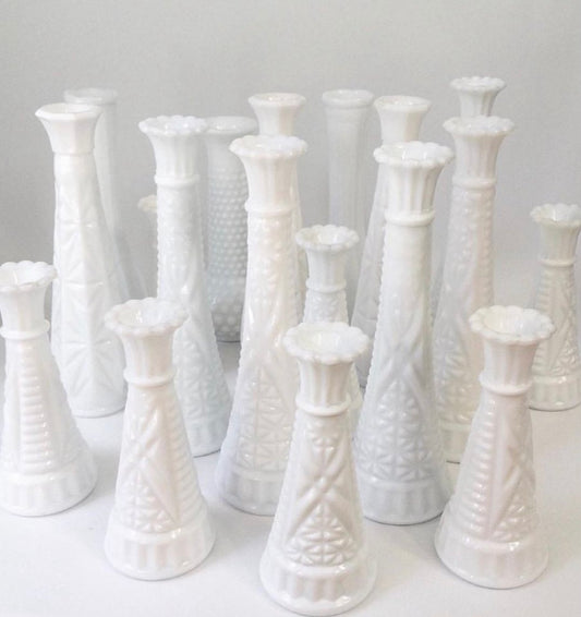 Milk Glass Candlestick Holders + Bud Vases