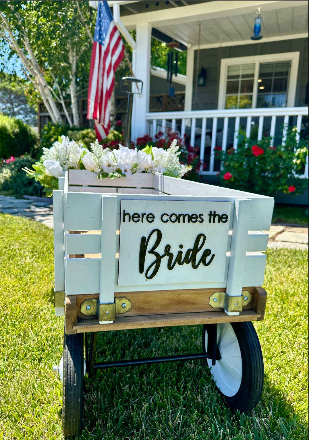 White Here Comes the Bride Wagon