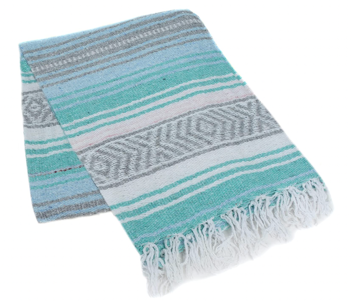 Mexican Throw Blanket Blue/Mint/Silver/White
