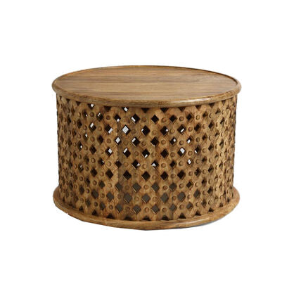 Carved Wood Drum Coffee Table