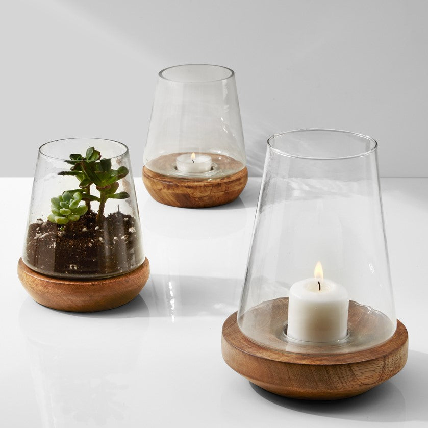 Wood Base Glass Hurricane - Medium