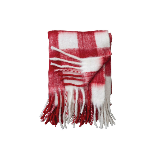 Red and White Buffalo Check Fringe Throw